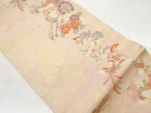 御所車に草花・鳥模様織出し名古屋帯